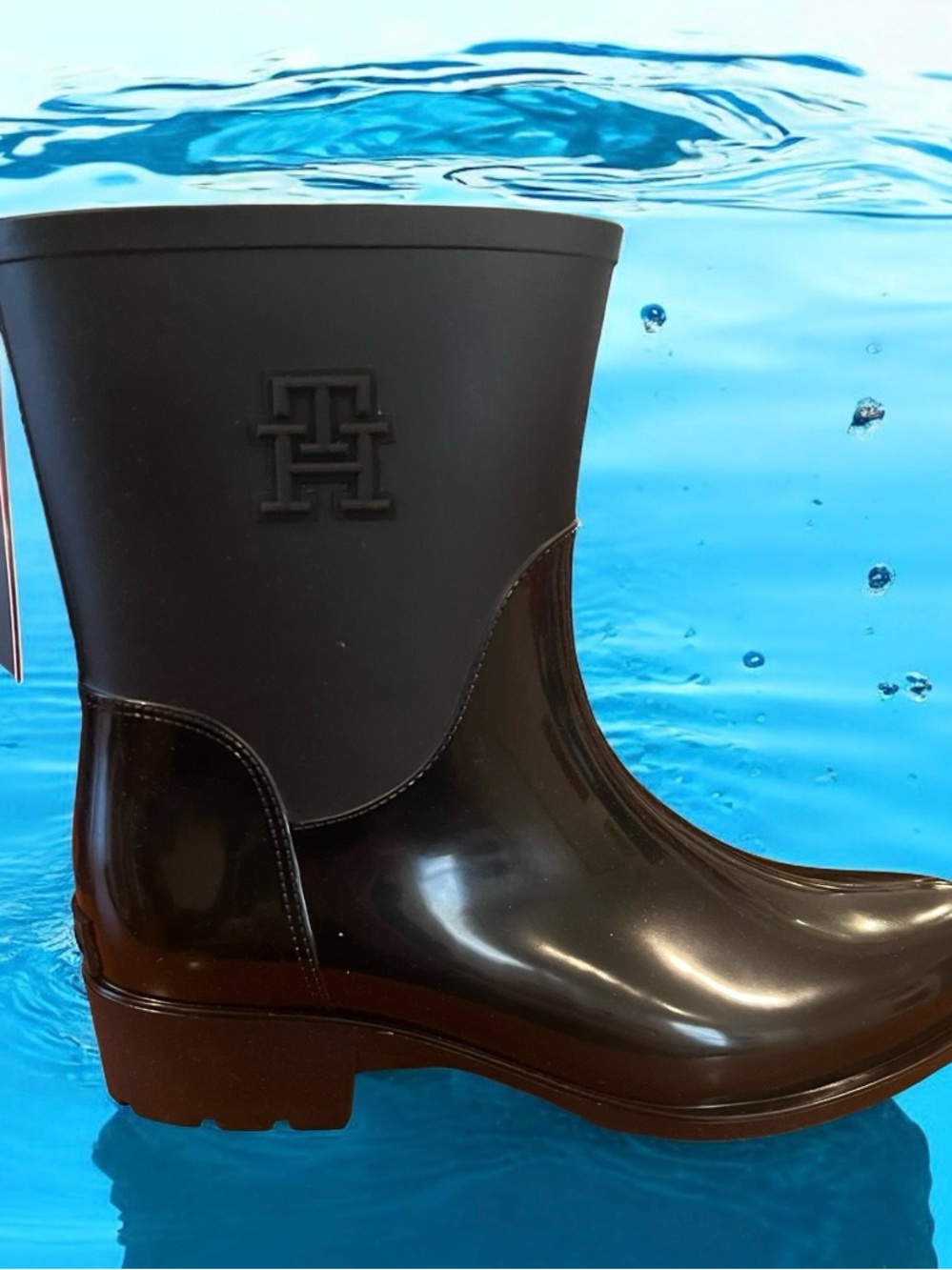 Tommy Hilfiger Size 8 Kippa Black Gloss Rain Boot with Red White Blue Accent